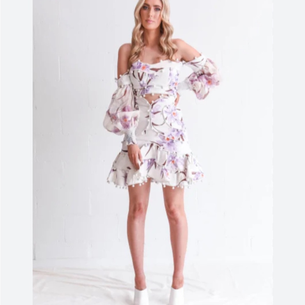 Skirt Set Floral pom pom trim Bodice off shoulder sheer sleeve crop top purple - Picture 10 of 15